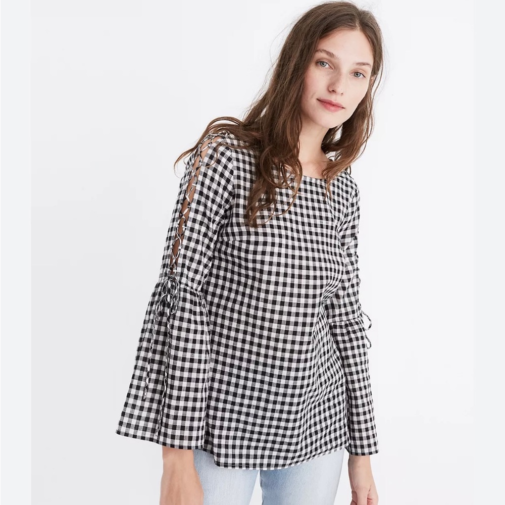 Madewell lace up bell sleeve gingham top